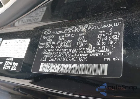 2007 Hyundai Santa Fe Limited/Se from USA, damaged, VIN 5NMSH73E07H050280